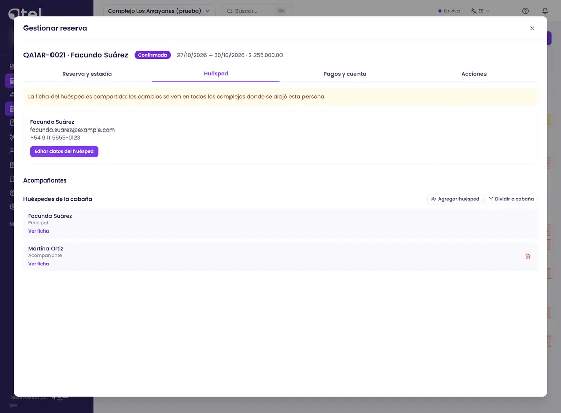 Gestionar reserva: huésped
