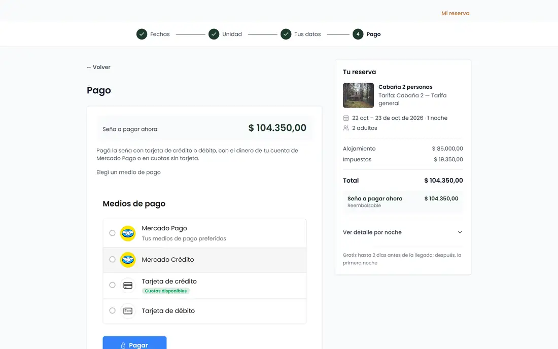 Pantalla de pago con los medios de Mercado Pago