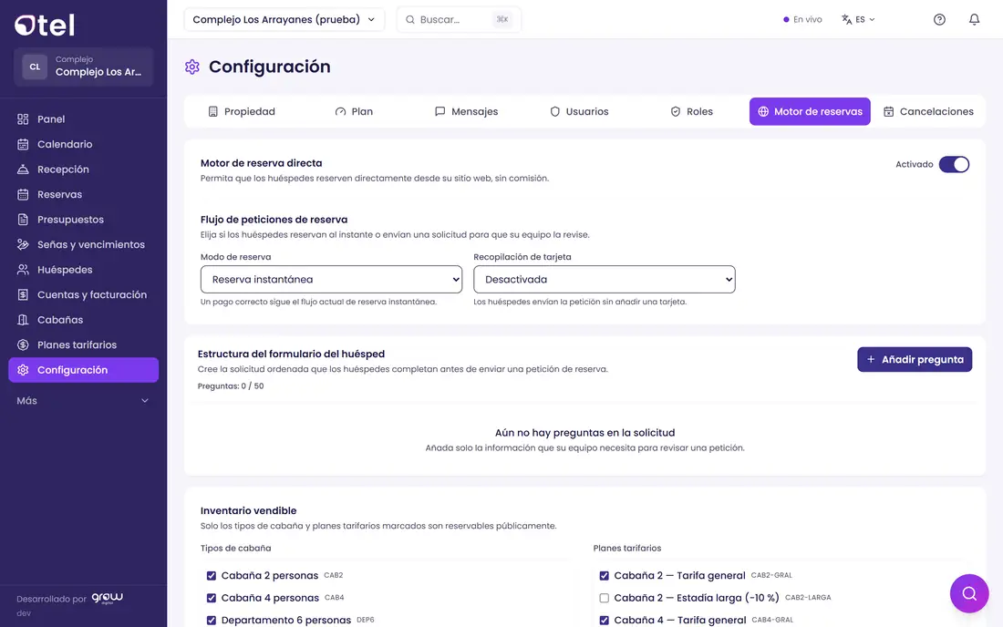 Configuración del motor de reservas