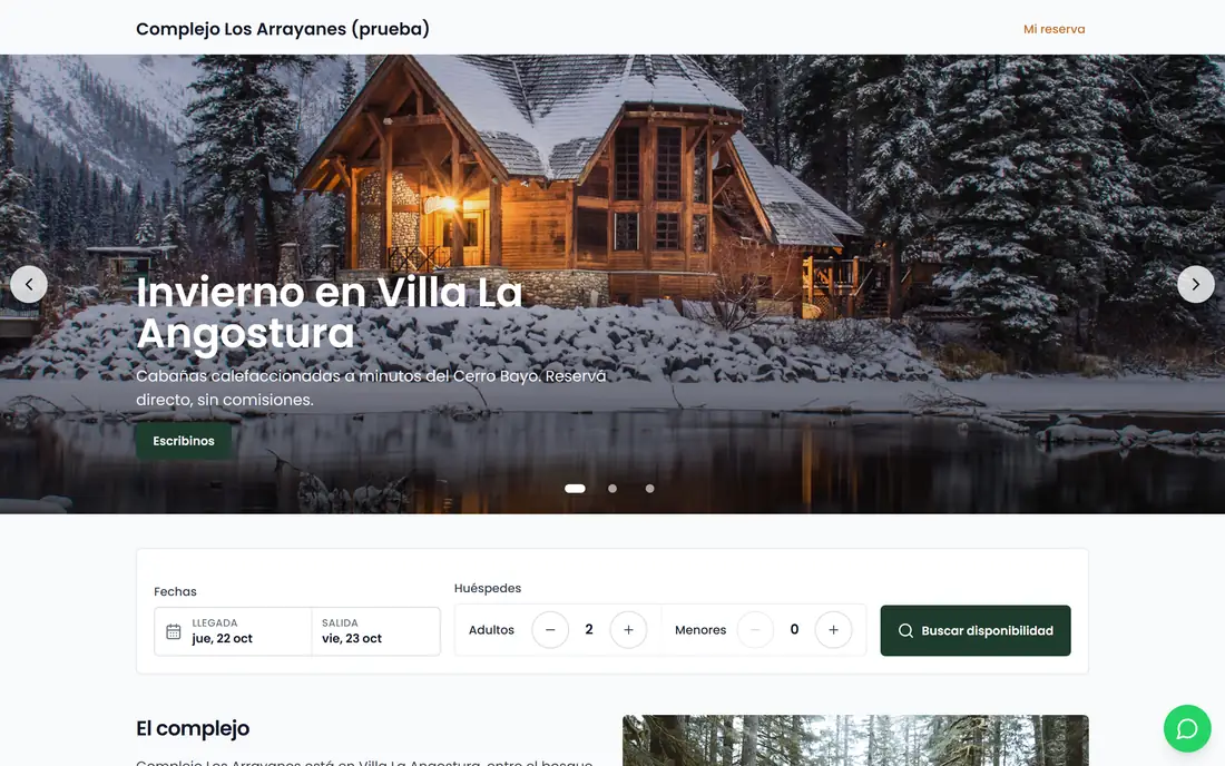 Web del complejo con banner de fotos y buscador de fechas